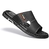 AZAGNEEM Men's Leather Slip On Slides Sandals Lightweight Comfortable Open Toe Hand Stitched Soft Sole Casual Slippers Summer Anti-Slip Walking Beach Sandals