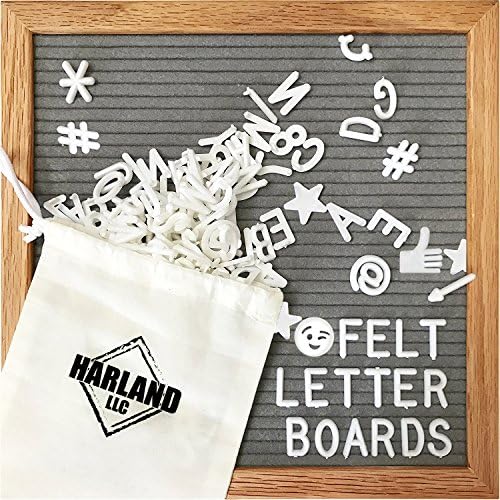 Letter Board Grey Felt : 10 x 10 Inch Oak Frame, Changeable Letter Board w/ 306 Plastic Letters Including Emojis Numbers and Punctuation, With Wall Mounting Hook, and FREE Bag -by Harland Letter Board