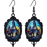 Dreuyet Gothic Castle Cameo Earrings for Women Vintage Crystal Glass Castle Earring Goth Punk Style Mystic Victorian Earrings Halloween Castle Wizard Witch Earring Jewelry