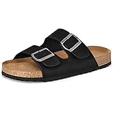 mysoft Womens Flat Sandals Cork Footbed Slides 2 Straps Adjustable Buckle Slip On Summer with +Comfort Shoes