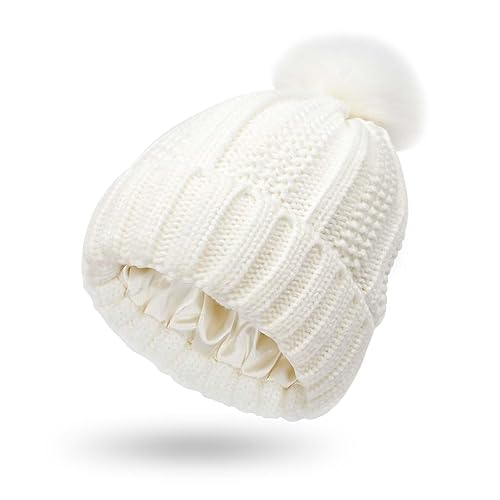 Bcenoilua Winter Warm Knitted Hat Women Stretchy Chunky Cable Knit Hat Thermal Insulating Satin Lined with Faux Fur Pompom Outdoor Knit Beanie Hat/White