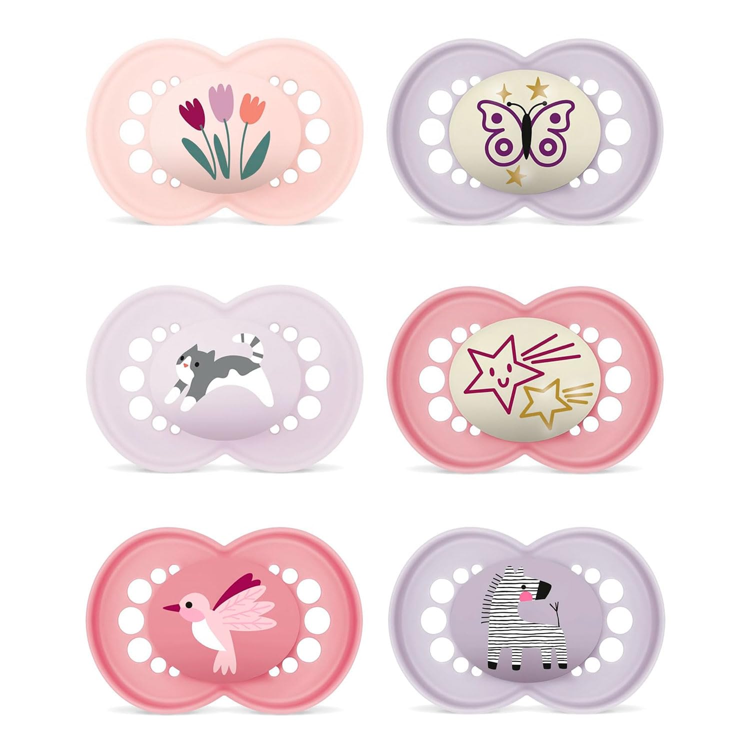 MAM SkinSoft Silicone Soothers 6-16 months Day & Night for Girls , 6 pieces, 3 travel boxes