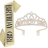 AOPRIE Birthday Crown for Women Birthday Girl Sash for Women Birthday Tiara for Women Birthday Girl Headband Princess Crown Rhinestone Happy Birthday Accessories Gold