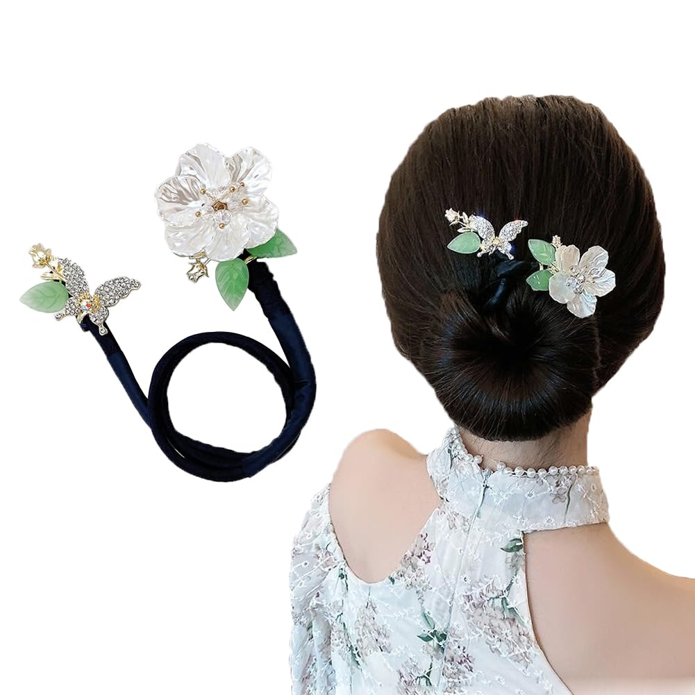 Camellia Flower Hair Bun Maker with Rhinestone Butterfly Crystal Twist Bun Maker French Hairstyle Twist Bun Maker Lazy Hair Curler Elegant Hair Accessories for Women Girls