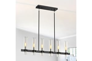 OTeedo Island Lights for Kitchen,6-Light Modern Farmhouse Chandeliers for Dining Room,Large Linear Pendant Light Fixtures,Adjustable Height Hanging Dining Room Chandelier Over Table,Clear Glass Shade