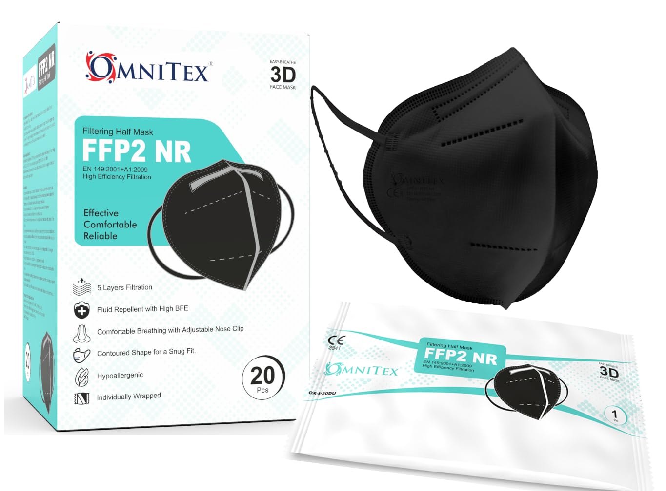 Omnitex FFP2 Black Face Mask - Box of 20, Individually Wrapped | High Filtration - 5 Layers | EN149 CE Certified | Hypoallergenic | Fluid Resistant | Adaptable Nose Bridge