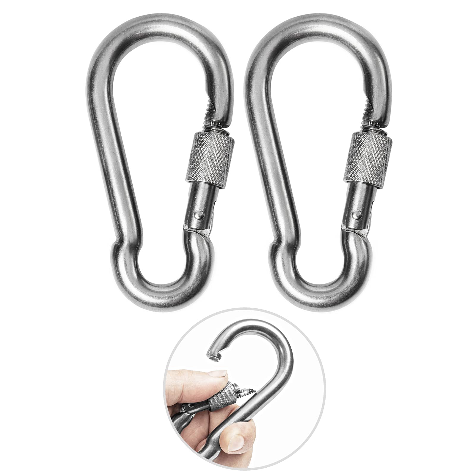 2Pcs M8 Safe Lock Carabiner Clip, Heavy Duty 304 Stainless Steel Snap Hook Carabiner Hook for Outdoor Climbing Hiking Camping Fishing Boats Backpacks Chains Hanging Swing Hammock