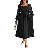 RWJ Women's Plus Size Fall Dress Long Sleeve Square Neck Floral Print Smocked A Line Boho Flowy Maxi Dresses with Pockets