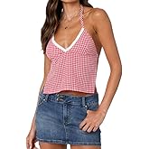 Women Plaid Backless Crop Top Y2k Lace Trim Open Back Tie-Up Spaghetti Strap Tank Top Summer Gingham Going Out Top