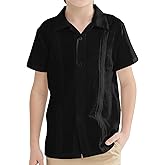 OEBLD Boys Cuban Guayabera Shirt Short Sleeve Button Down Shirts V Neck Cotton Linen Shirts