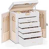 Homde Jewelry Box Large for Women: 6 Layers 5 Drawers Organizer with Mirror for Ring Earring Necklace - Storage Holder with Lock for Dresser (White) - Christmas Gifts