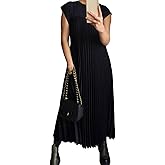 Sexyshine Women's Crew Neck Cap Sleeve Pleated Maxi Dress A Line Swing Flowy Loose Cocktail Party Long Dress with Pockets