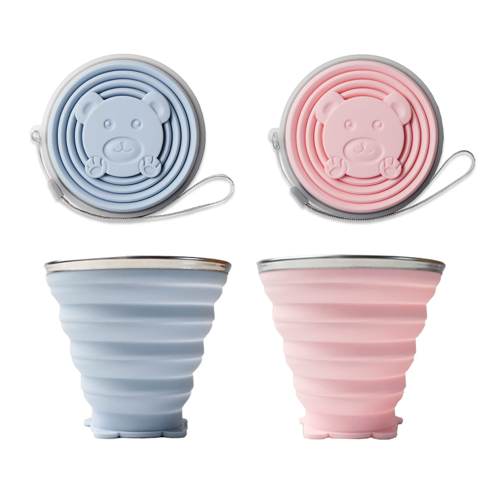 NA Pack of 2 Foldable Cups, Foldable Silicone Cup, Portable Camping Mug, BPA-Free Foldable Travel Mug with Plastic Sealing Lid, for Picnic, Camping, Hiking, Travel, Blue