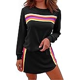 Yousify Womens 2 Piece Outfits Rainbow Striped Long Sleeve Sweatshirt Mini Skirts Sets Casual Loose Sweatsuits Loungewear