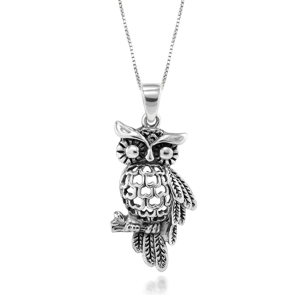 925 Sterling Silver Heart Owl Pendant Necklace, 18" Jewelry