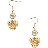 OLEKURT 24K Gold Dipped Real Rose Earrings - Dangle Drop Earrings Best Gift for Women Wife Mom Anniversary Mother's Day Birthday Valentines Day