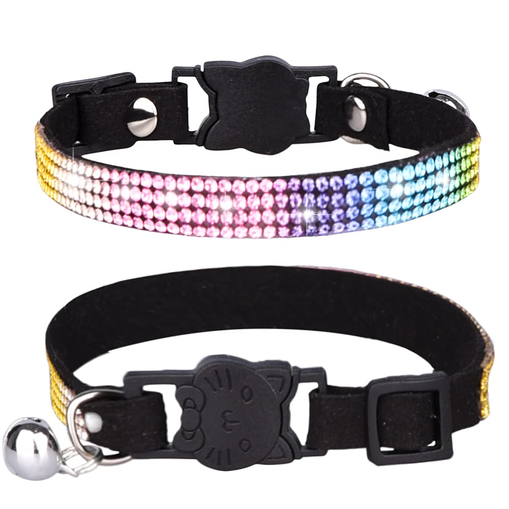 Pet Collar,Cat Collar with Bell Safety Buckle Release,Bling Bling Rainbow Rhinestone Kitten Collars Adjustable 25-32cm for Cats Puppy small dogs
