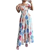 WDIRARA Women's Floral Ruffle Flowy Maxi Dress Square Neck Puff Sleeve Smocked A Line Dresses