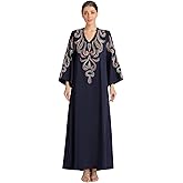 LHMDYMXD Moroccan Kaftan for Women Navy Blue Modest Abaya Dress Textured Print Jalabiya for Daily Office Wear