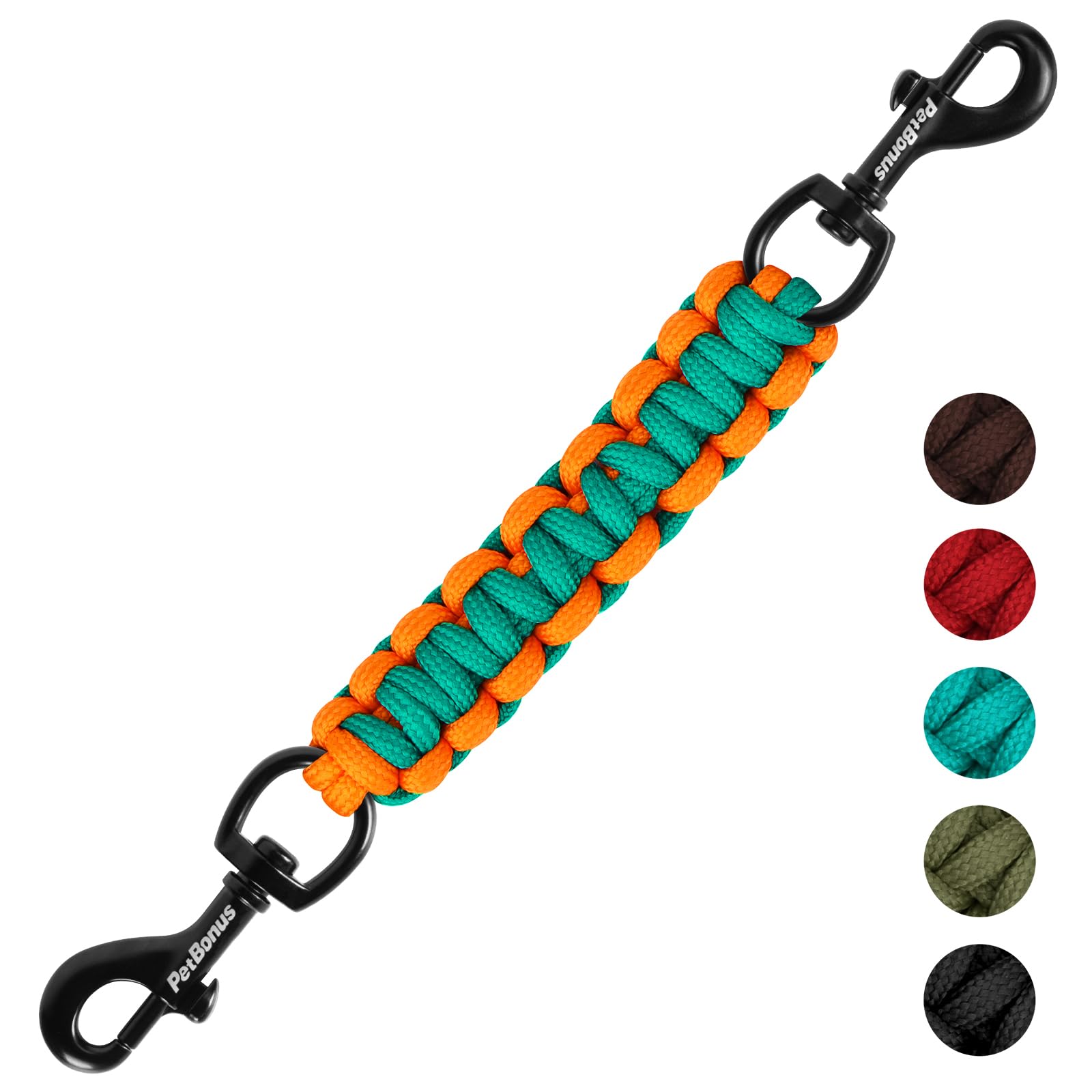 PetBonus Dog Collar Safety Clip, Handmade Backup Safety Strap for Dog Harness, Double Ended Clasp Leash Connector (Turquoise, Orange)