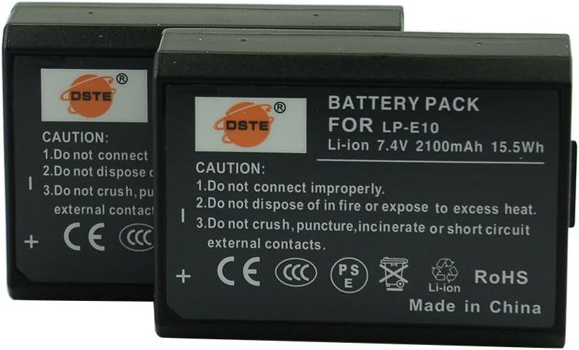 DSTE 2-Pack Replacement Battery Compatible with Canon LP-E10 EOS 1100D 1200D 1300D Kiss X50 X70 Rebel T3 T5 Camera