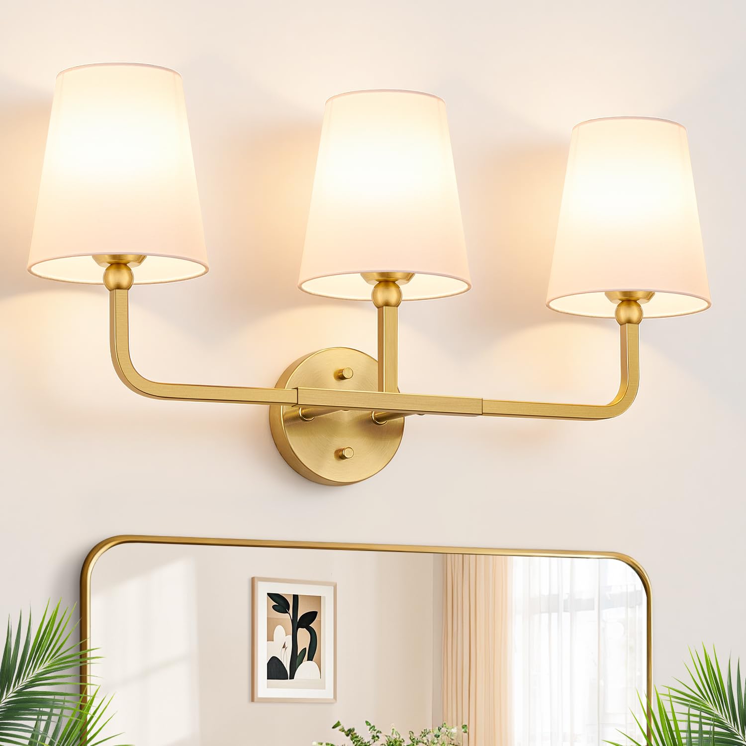 Photo 1 of MOKATNG Bathroom Light Fixtures, 3-Light Brushed Gold Vanity Lights, Bathroom Lighting Fixtures Over Mirror with Flared White Fabric Shade, Modern Wall Sconces for Living Room Hallway