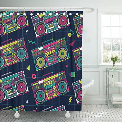 MAYTEC Shower Curtain Colorful Music Retro Pop Eighties Boombox Radio 80'S Boom Memphis Waterproof Polyester Fabric 72 x 72 inches Set with Hooks