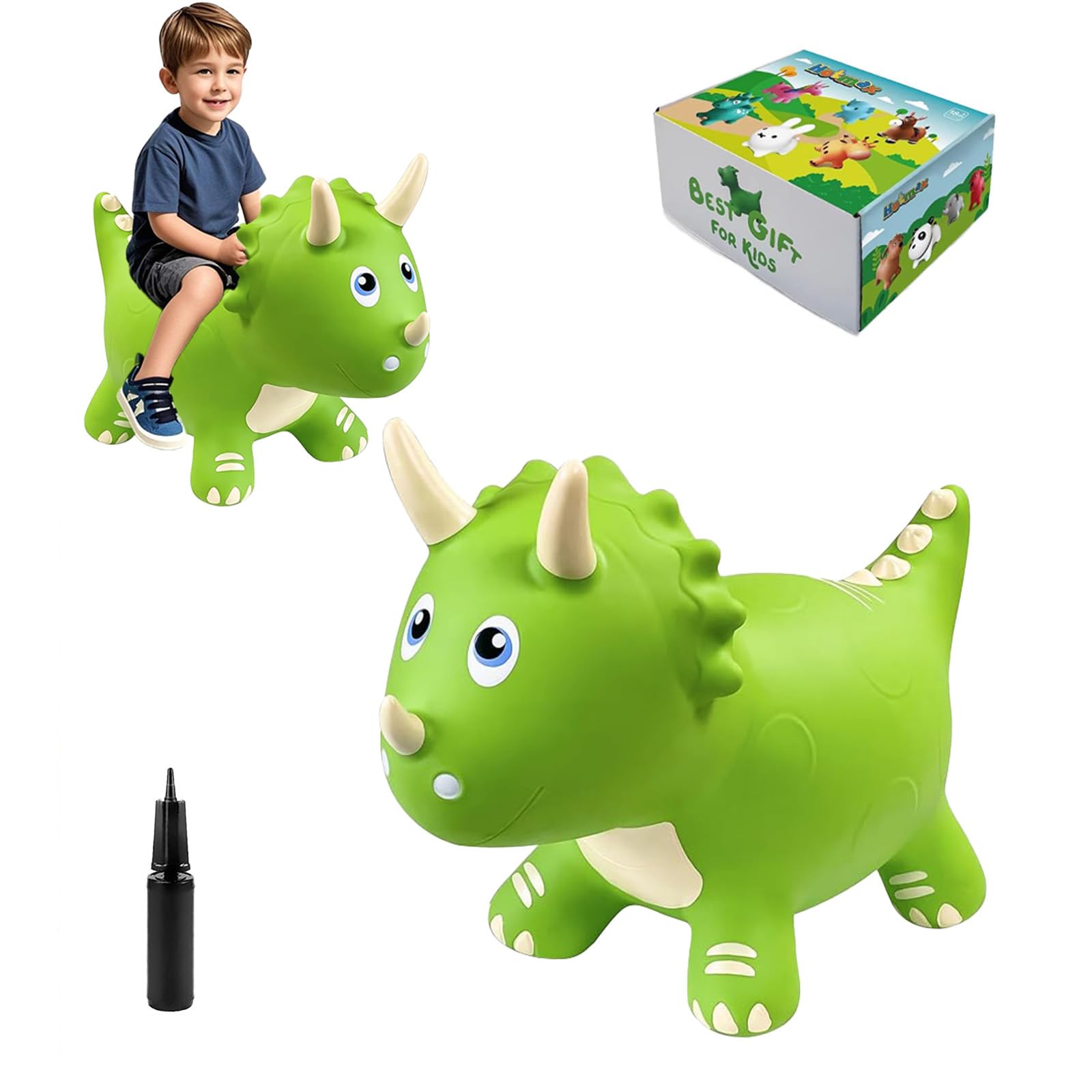 Photo 1 of HotMax Dinosaur Bouncy Hopper Toys, Bouncy Horse for Toddlers, Inflatable Ride on Bouncy Animals, Bouncing Triceratops for Kids, Birthday Gift for 18 Months 2 3 4 Year Old Boy or Girl(Green)
