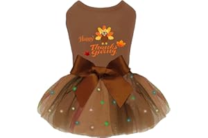 KOSIYI Dog Thanksgiving Outfit for Small Dogs Girl, Puppy Turkey Tulle Dress, LED Light Dog Clothes, Happy Holiday Lightweight Puppy Tutu Dress, Pet Costume Appeal, Brown, M