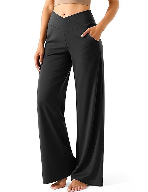 Yogaration Wide Leg Yoga Pants for Women, Crossover High Waisted Lounge Pants with Pockets, Loose Straight Leg Casual Pants for Yoga, Dance, Work, Travel 31''(Black, Large)