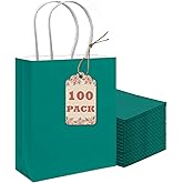 qiqee 100Pcs Paper Gift Bag with Handles Deep Green Party Favor Bags Multiple Uses (8.3"x3"x6", Small Size)