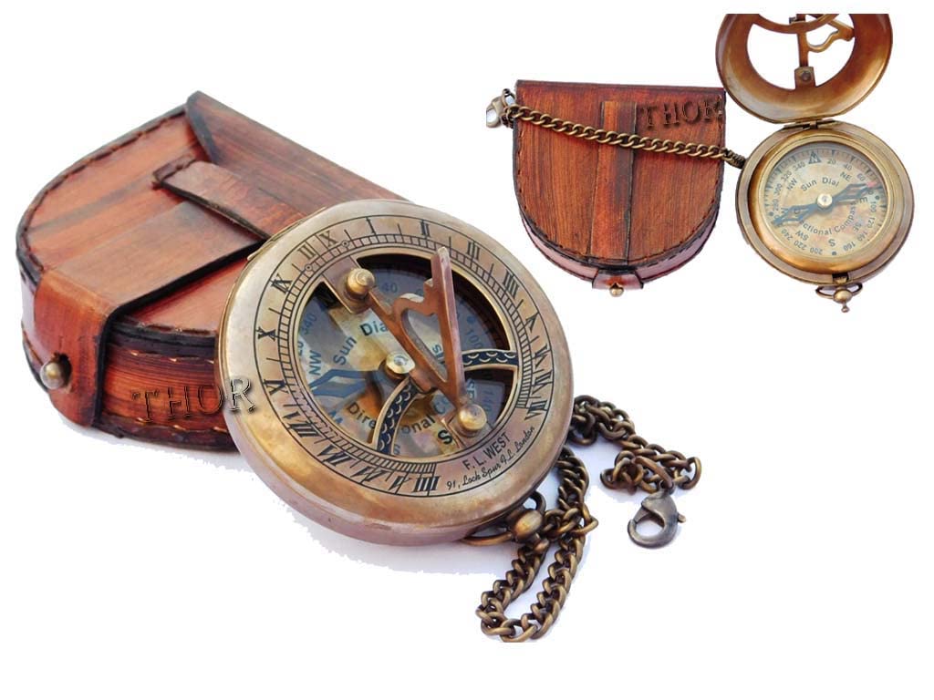 Brass Sundial Compass with Leather Case and Chain