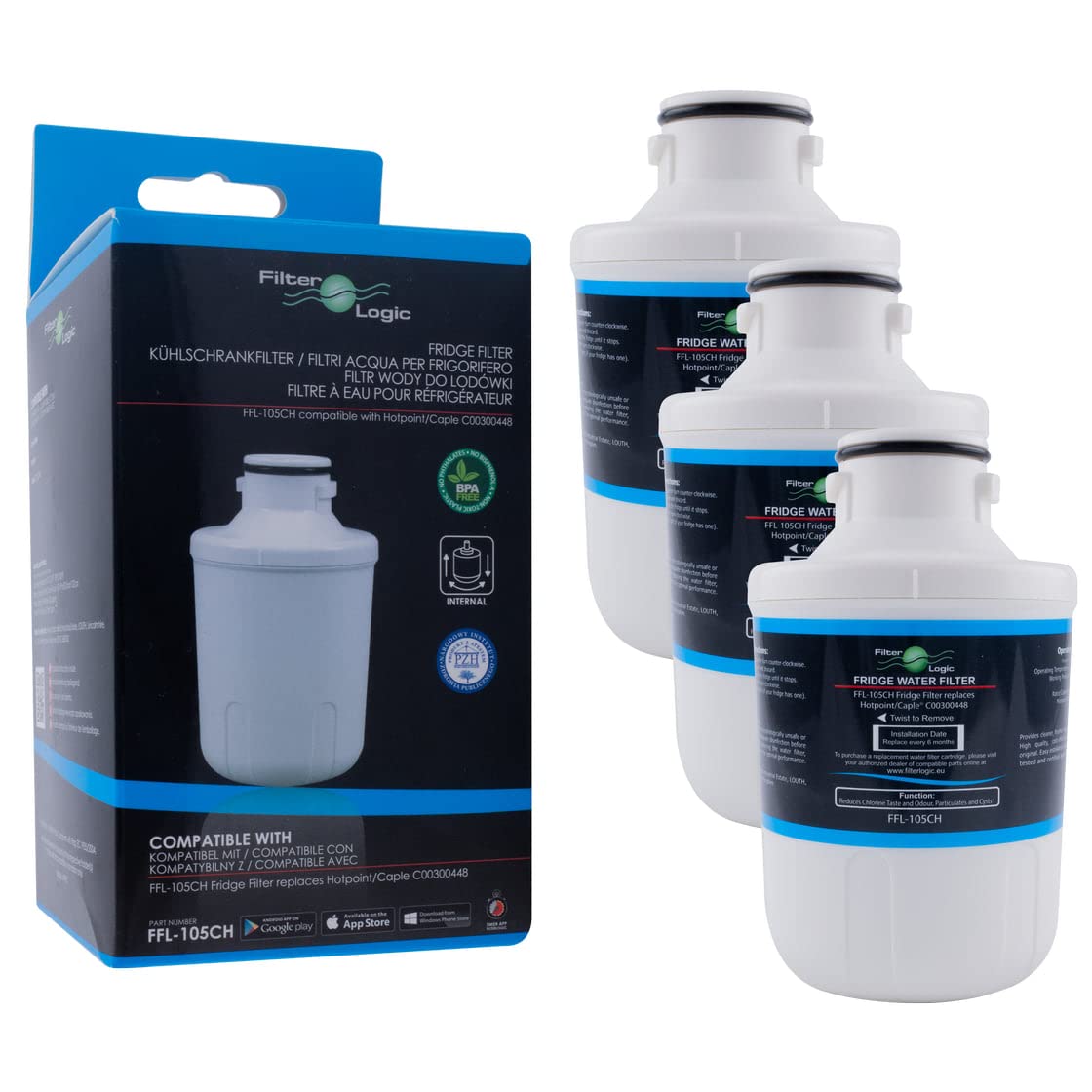FilterLogic FFL-105CH | 3X Fridge Water Filter Compatible with Microfilter MFCMG14211FR MFCMG14211F - Compatible with Hotpoint C00300448 - Compatible with Caple CAFF205 Refrigerator Cartridge