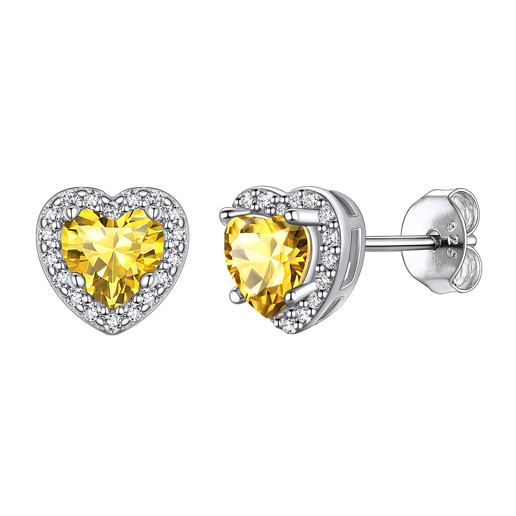 925 Sterling Silver Heart Brilliant Cut Cubic Zirconia CZ Halo Stud Earrings for Women Girls Tiny Cute Comfy Created Citrine Garnet January Birthstone Hypoallergenic Wedding Bridesmaid Earrings