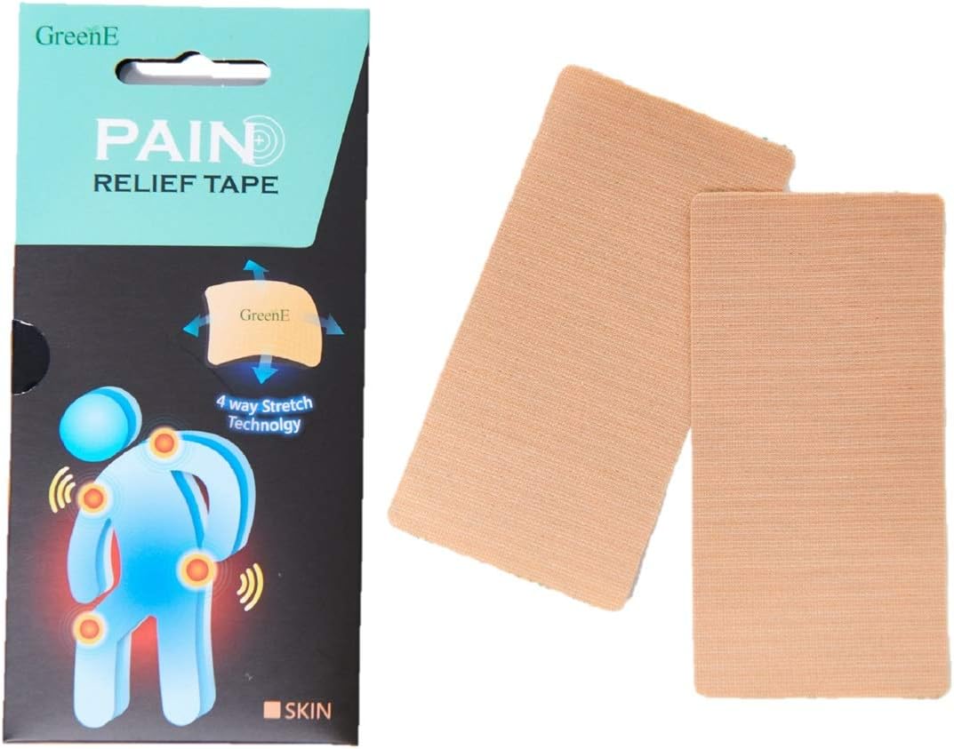 GreenE Pain Relief Tape, 2-PCS Patch, 4-Way-Stretch, True-Kinesio-Therapeutic, Bio Far-Infrared, 36-HR Long-Lasting (1.9in. x 3.9in. x 2pcs precuts) (Skin)
