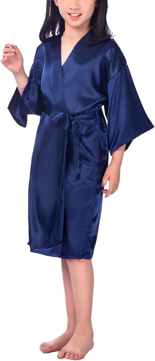 Children Kids Satin Silk Bathrobe Kimono Dressing Gown Pajamas Robe Sleepwear
