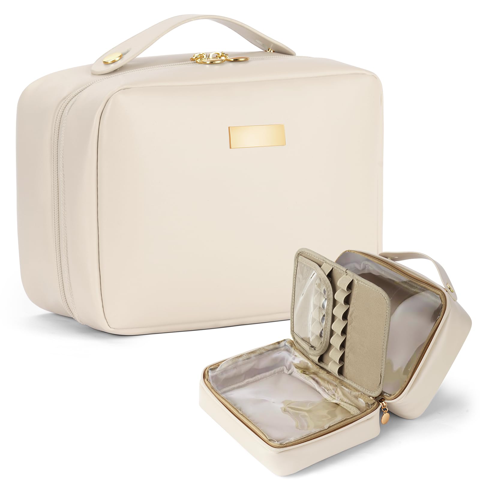 Aucuu Makeup Bag, Large Capacity Travel Cosmetic Case, PU Leather Waterproof Toiletry Bags, Portable Travel Make Up Bag, Makeup Organiser Bag with Removable Brush Compartments, for Women Girls, White