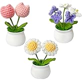 Rimvoe 3pcs Crochet Flower Pot, Daisy Tulips and Forget Me Not Small Potted Flowers, Gifts for Mom Wife on Mothers Day Valentines, Cute Desk Decor for Women Office Car Dashboard