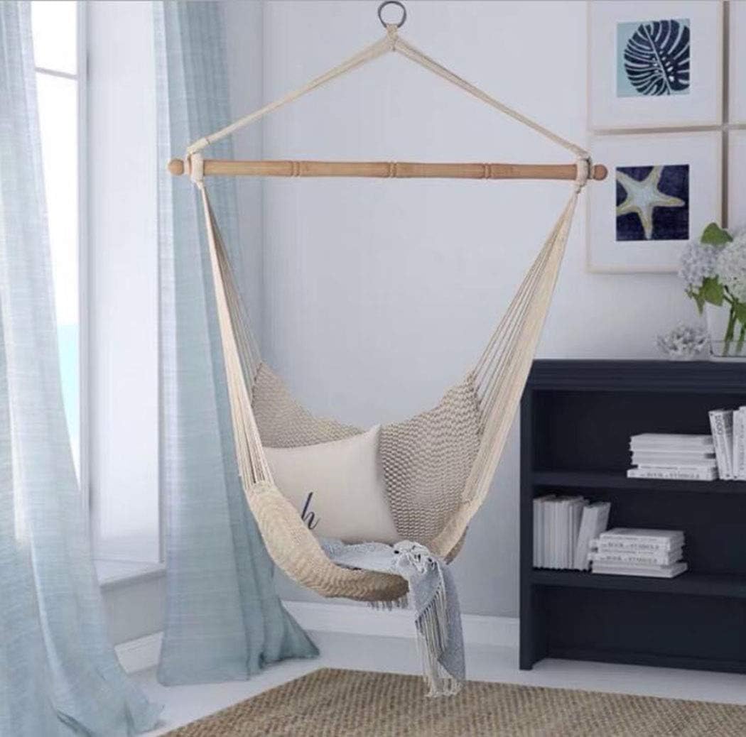enoche Hanging Hammock Chair Swing cotton Portable with Romantic Fringes Macrame Garden Indoor Outdoor Hanging Rope Hammock Chair Porch Swing Seat for Yard Porch Patio With Wooden stick