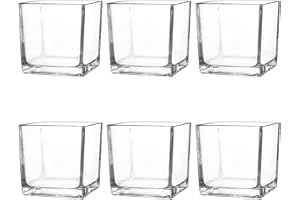 Comrzor Set of 6 Square Glass Vases 4" x 4" x 4", Clear Flower Vase, Plant Terrarium, Candle Holder for Wedding Centerpiece, Office Decorations, Home Décor, Parties and Events
