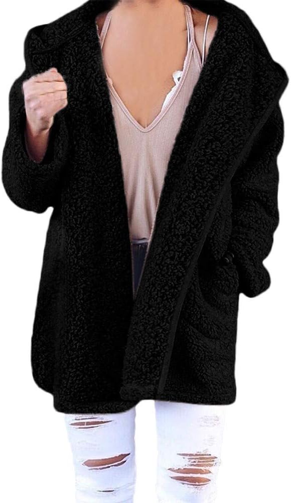 Clearance Womens Coat Hoodied Soft Teddy Sherpa Fleece Hooded Jumper Hoody Jacket Coat with Pocket (M, Black)