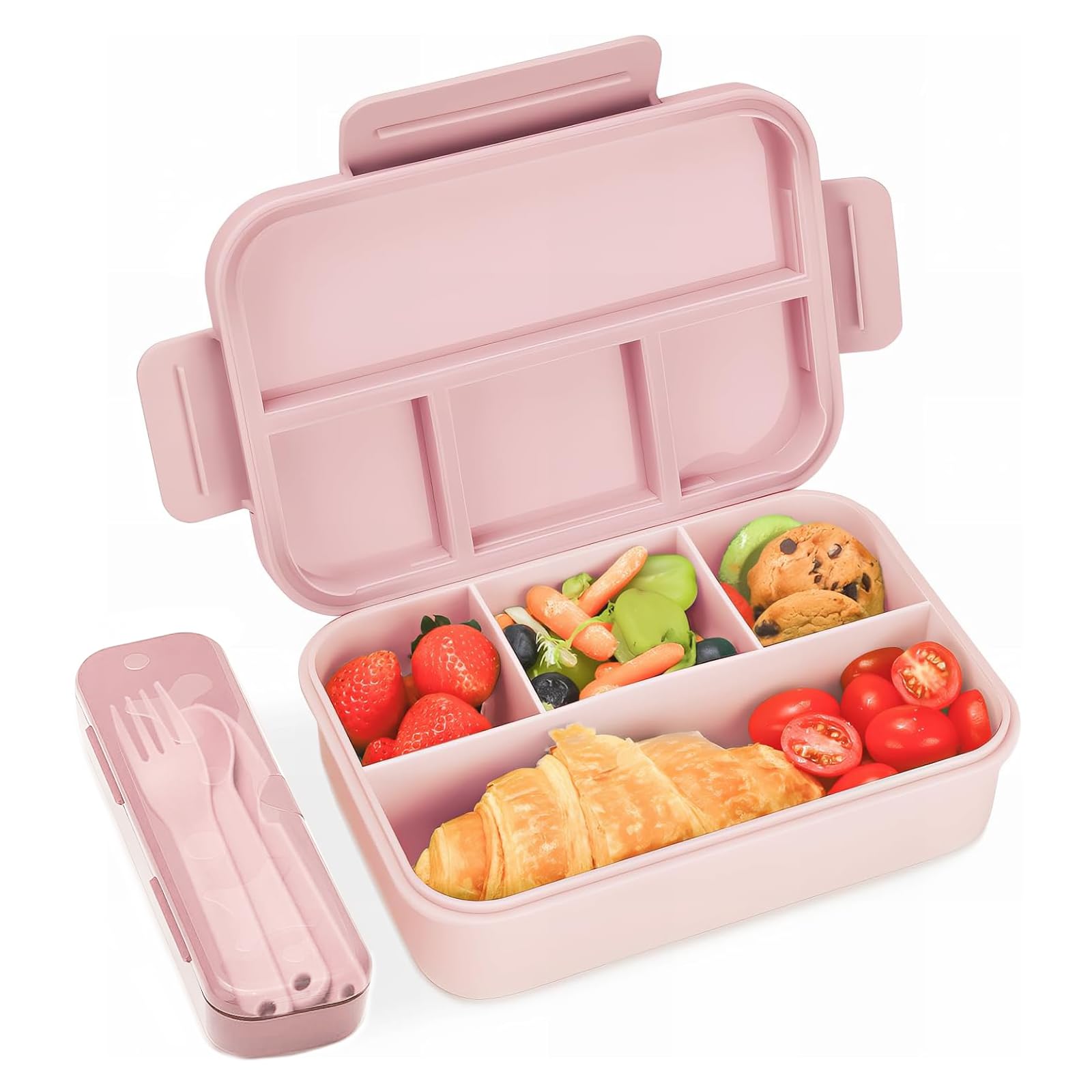 Bugucat Leak-Proof Bento Box with 4 Compartments, Kids & Adult Lunch Box with Cutlery, Snack Boxes for School, Kindergarten, Office - Pink, 1300ML