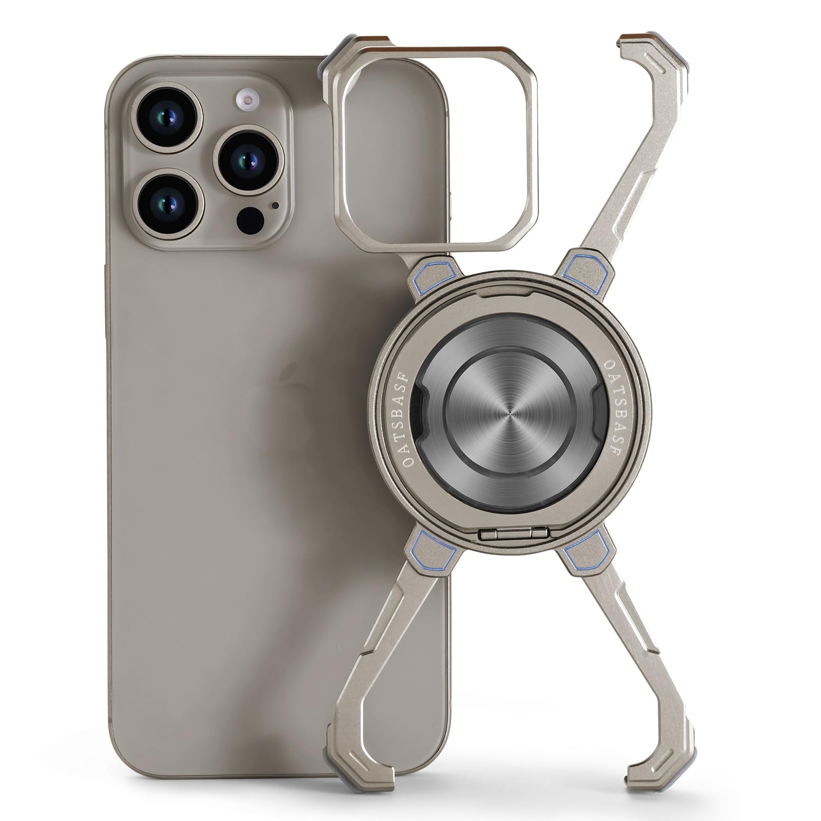 Photo 1 of OATSBASF X Case for iPhone 16 Pro Max 6.9”, with Kickstand 360° Rotatable Magnetic Stand, Frameless Slim Shockproof Protective Metal Bumper Phone Case, Natural Titanium