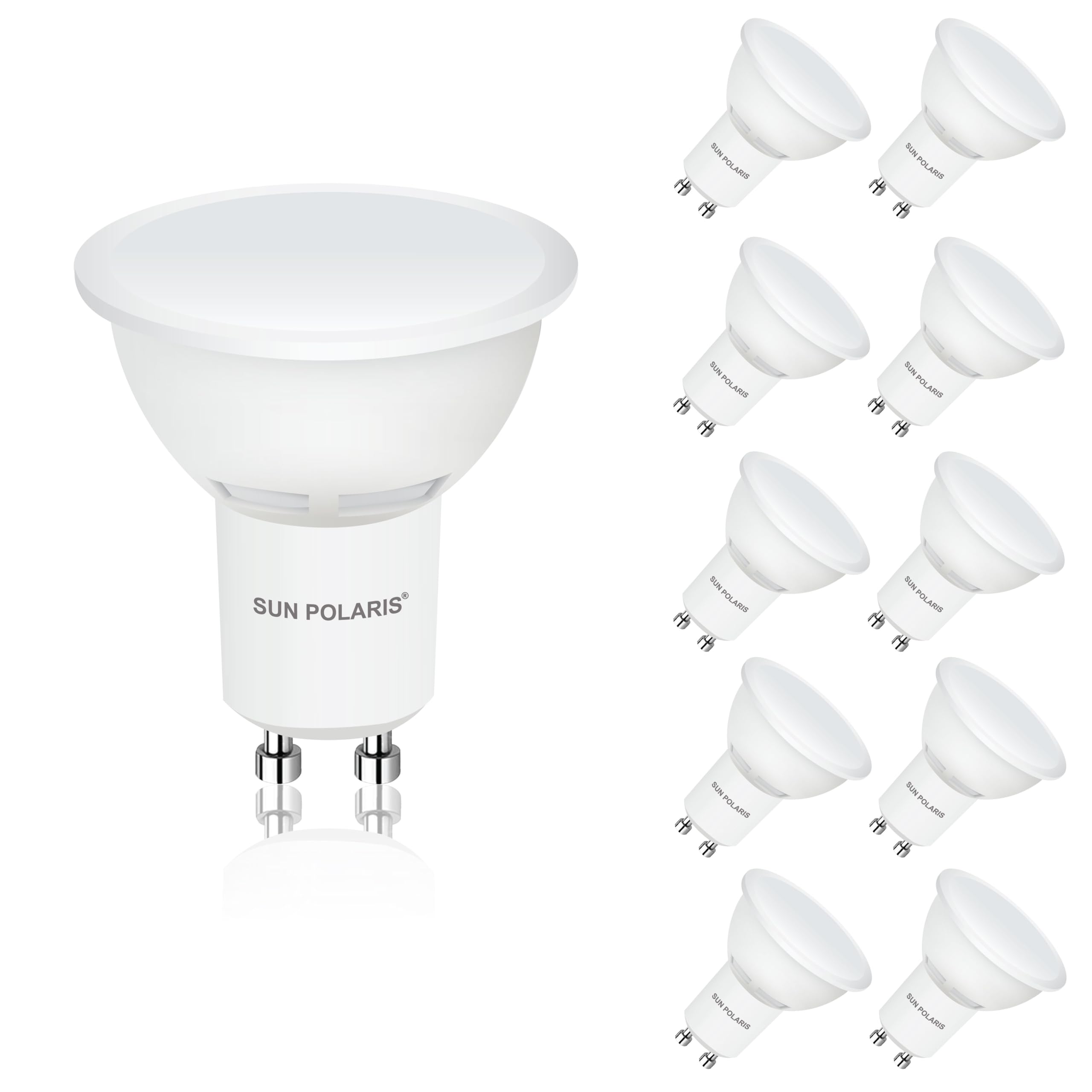SUN POLARIS GU10 LED Bulbs, Natural White 4000K, 35w Equivalent 4.9 watt Spotlight Bulb, 400 lumens Energy Saving Downlights, 100° Wide Beam, No Flickering, Non-Dimmable Lightbulbs, Pack of 10