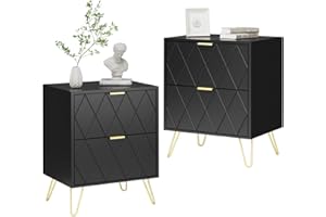 Anbuy Black Nightstand Set of 2 with Gold Handle, Bedside Table with 2 Drawers, Night Stands Set of 2 Gold Legs for Bedroom Living Room