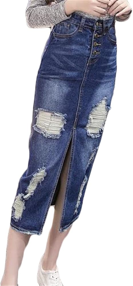 Amazon Co Jp ヤンーチ デニム タイト スカート ひざ丈 スリット 前開き ダメージ ハイウェスト ロング 春夏 ジーンズ タイトスカート ストレッチ セクシー スリム ストレート レディース 無地 Aライン 着痩せ サイズxs 3xl ディープブルーxl 服 ファッション小物