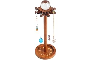 SSISSI Moon Phase Pendulum Holder - Crystal Sphere Stand Wooden Necklace Display Lotus Floral Desgin Organizer Witchcraft Supplies Aesthetic Accessories Altar Decor, Brown