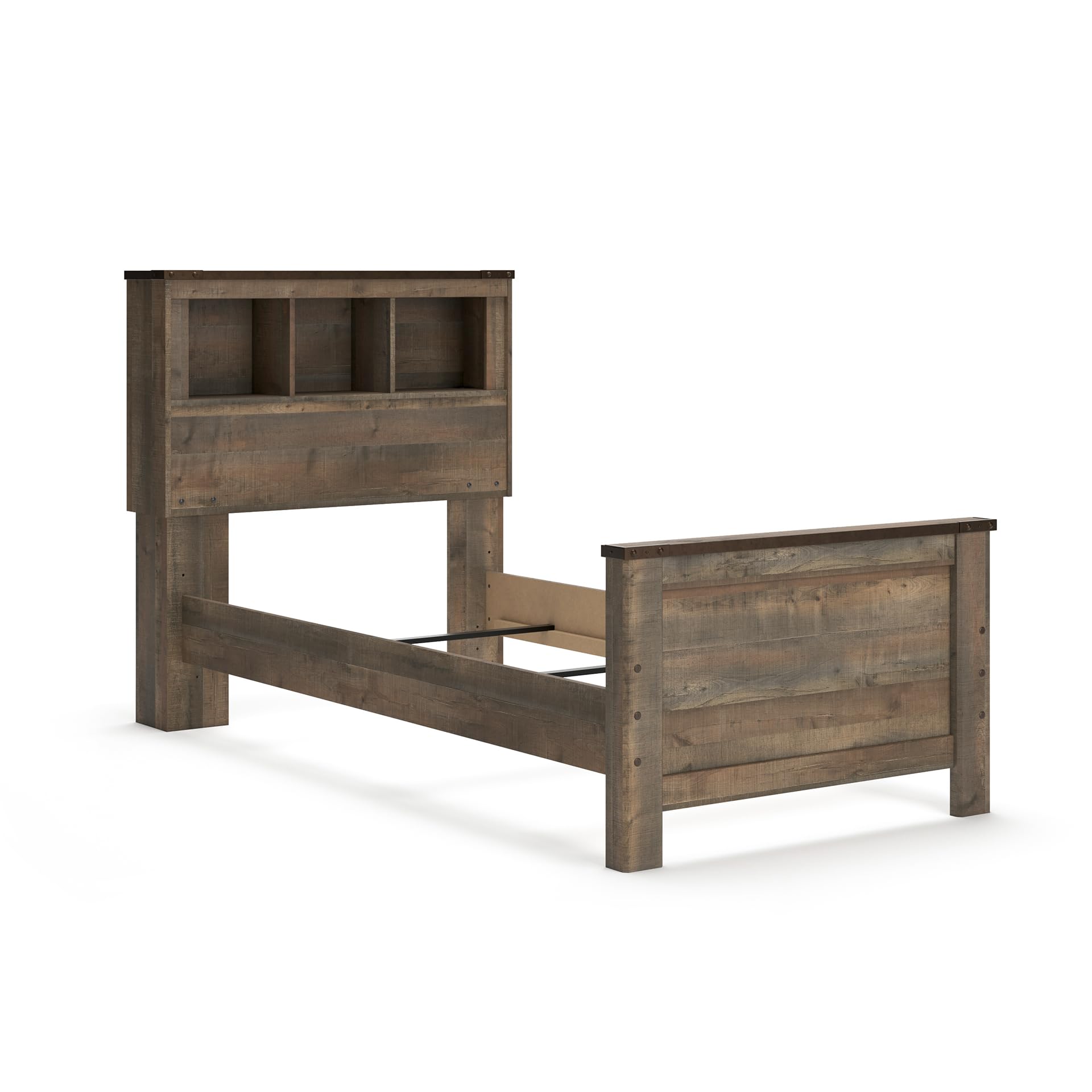 Signature Design by Ashley Trinell Casual Twin Bookcase Panel Bed with Metal Slats and Nailheads, Foundation or Box Spring Needed, Dark Brown Image