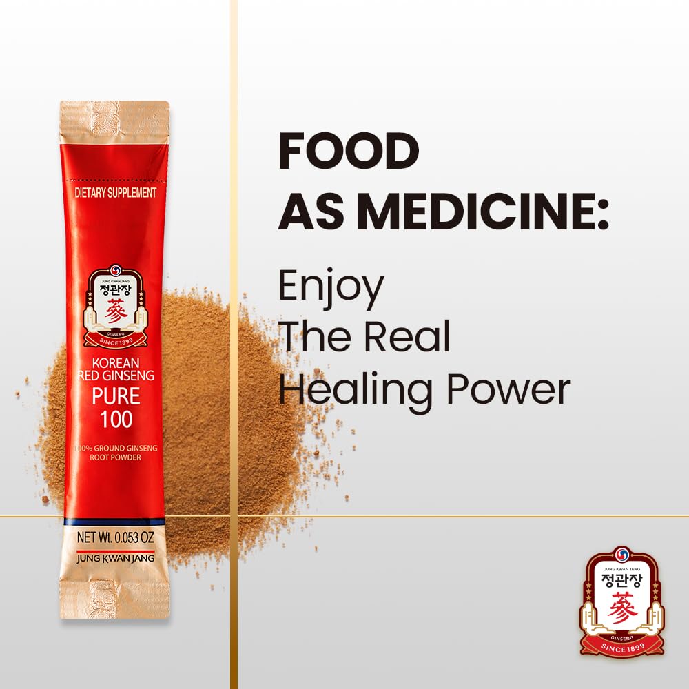 JungKwanJang Korean Red Ginseng Pure 100 - Panax Ginseng Powder Stick Supplements - Energy Boost & Immune Support - Vegan, Caffeine Free, Gluten Free & Non-GMO (Net Wt. 1.48 oz, 30 Sticks)