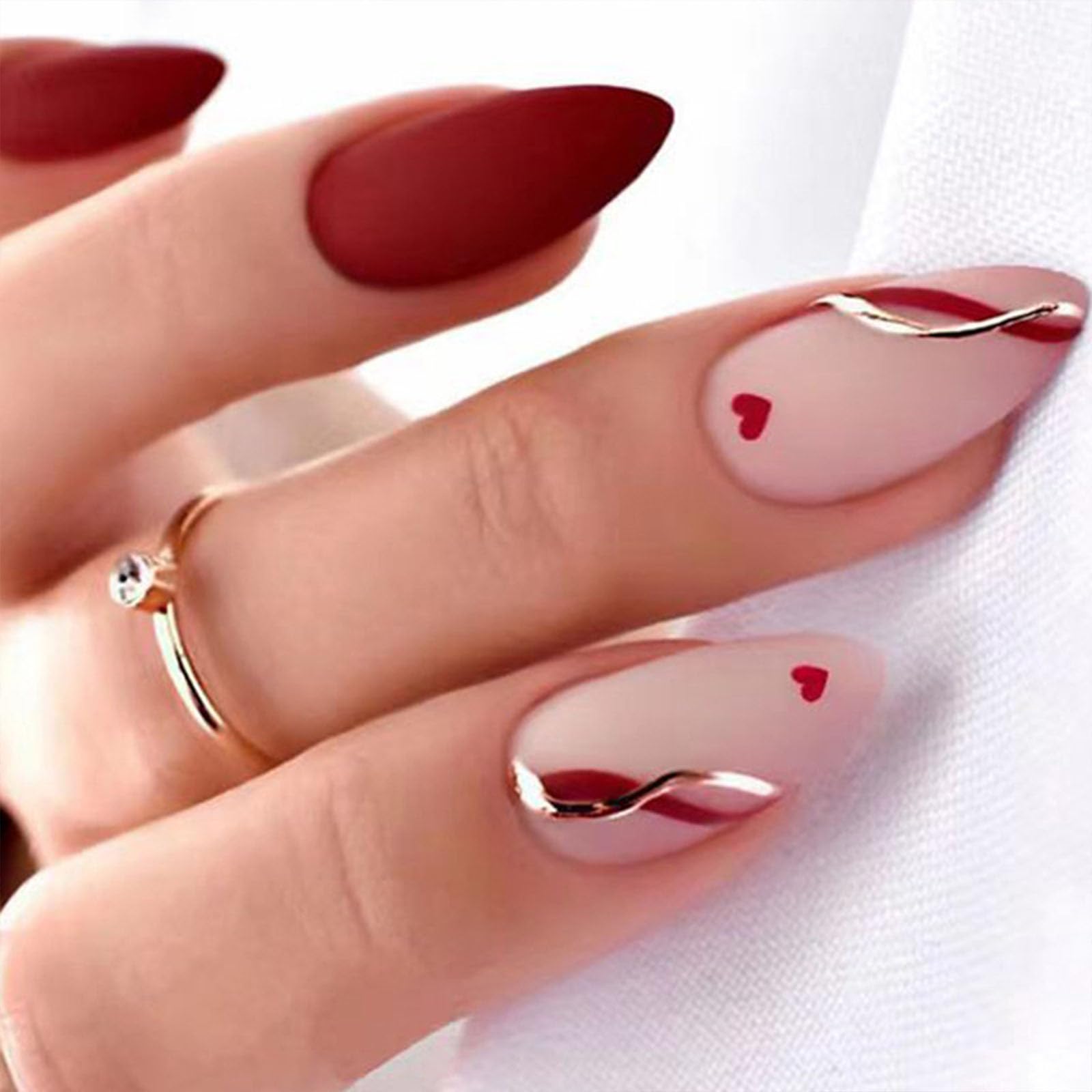 Nails Red Press on Nails Medium Almond Heart Fake Nails Matte False Nails with Line Design Nude Pink Glue on Nails Glossy Acrylic Nail Full Cover Stick on Nails for Women 24 Pcs
